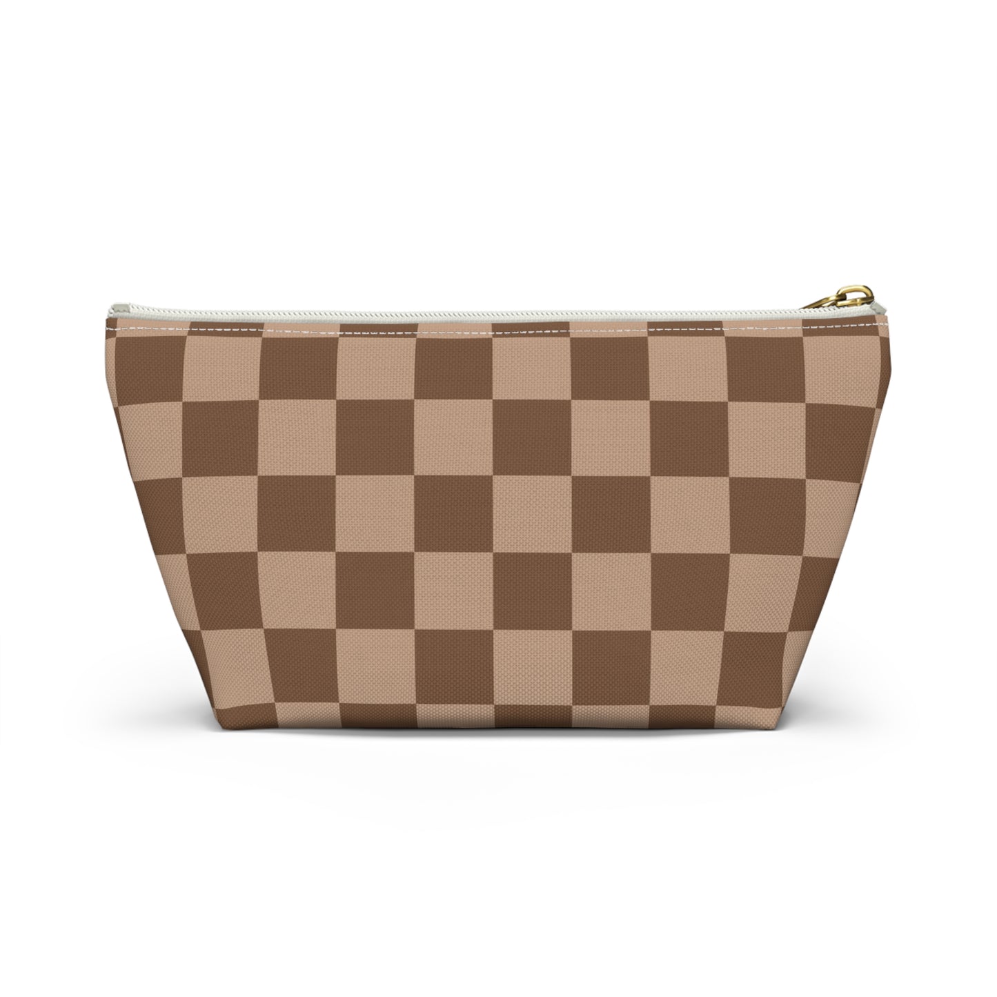 Brown Checkered Accessory Pouch with T-Bottom | Cosmetic Pouch | Pencil Pouch | Makeup Bag