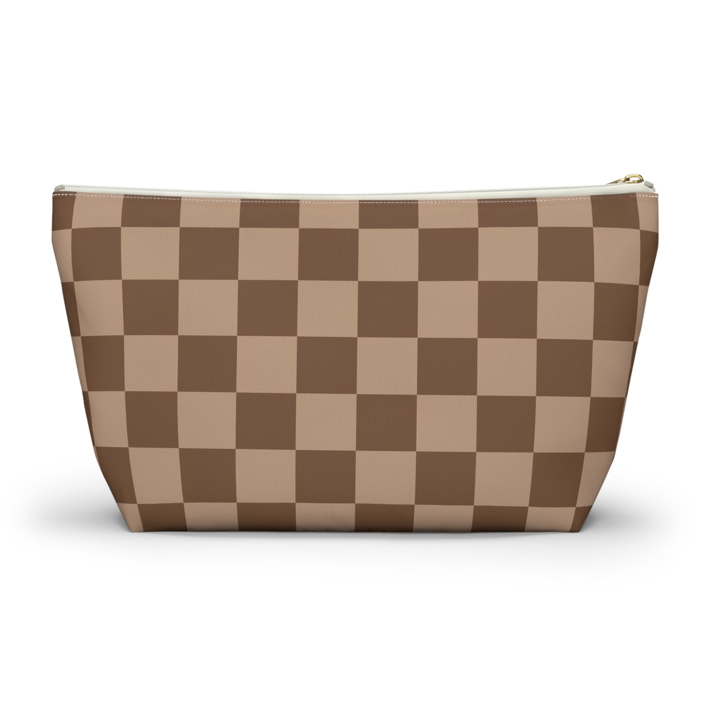 Brown Checkered Accessory Pouch with T-Bottom | Cosmetic Pouch | Pencil Pouch | Makeup Bag