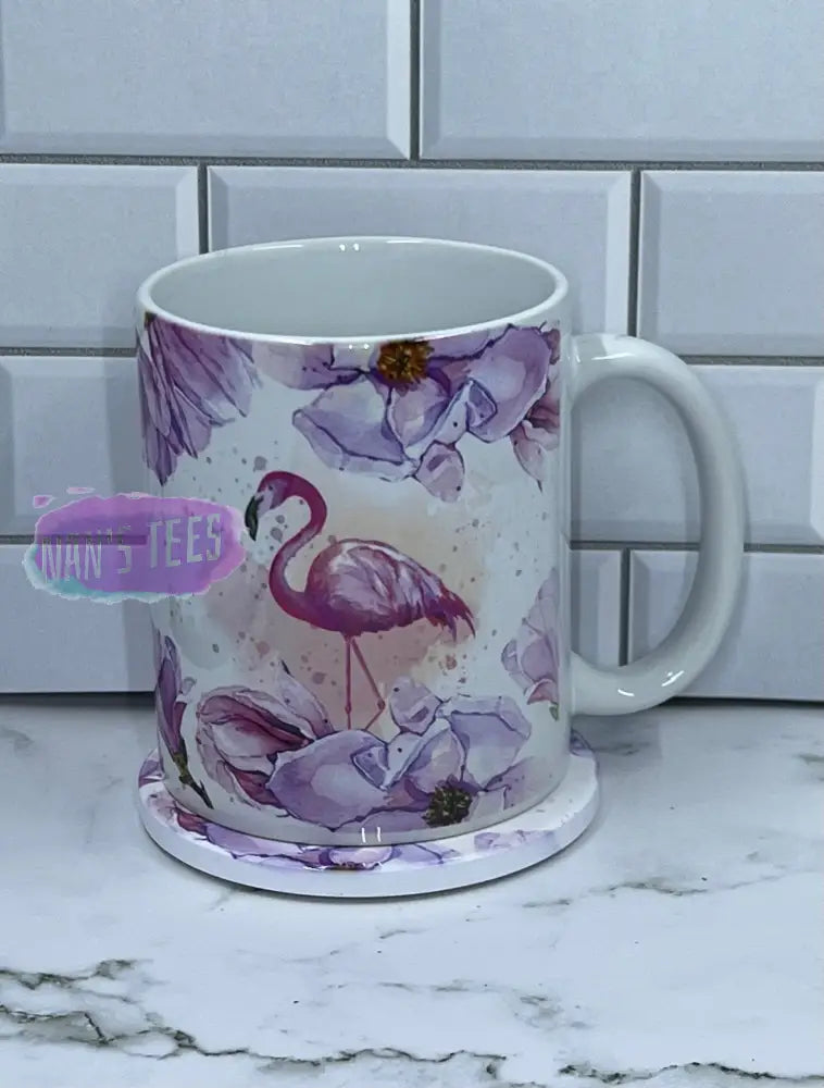 11 Oz Ceramic Flamingo Floral Print Coffee Mug Set With Matching Coaster