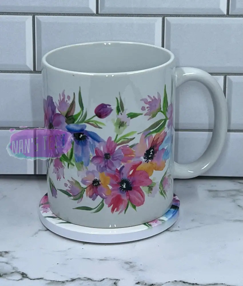 11 Oz Ceramic Floral Print Coffee Mug Set With Matching Coaster