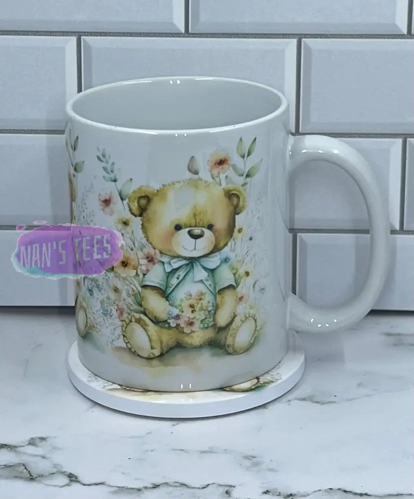 11 Oz Ceramic Teddy Bear Floral Print Coffee Mug Set With Matching Coaster