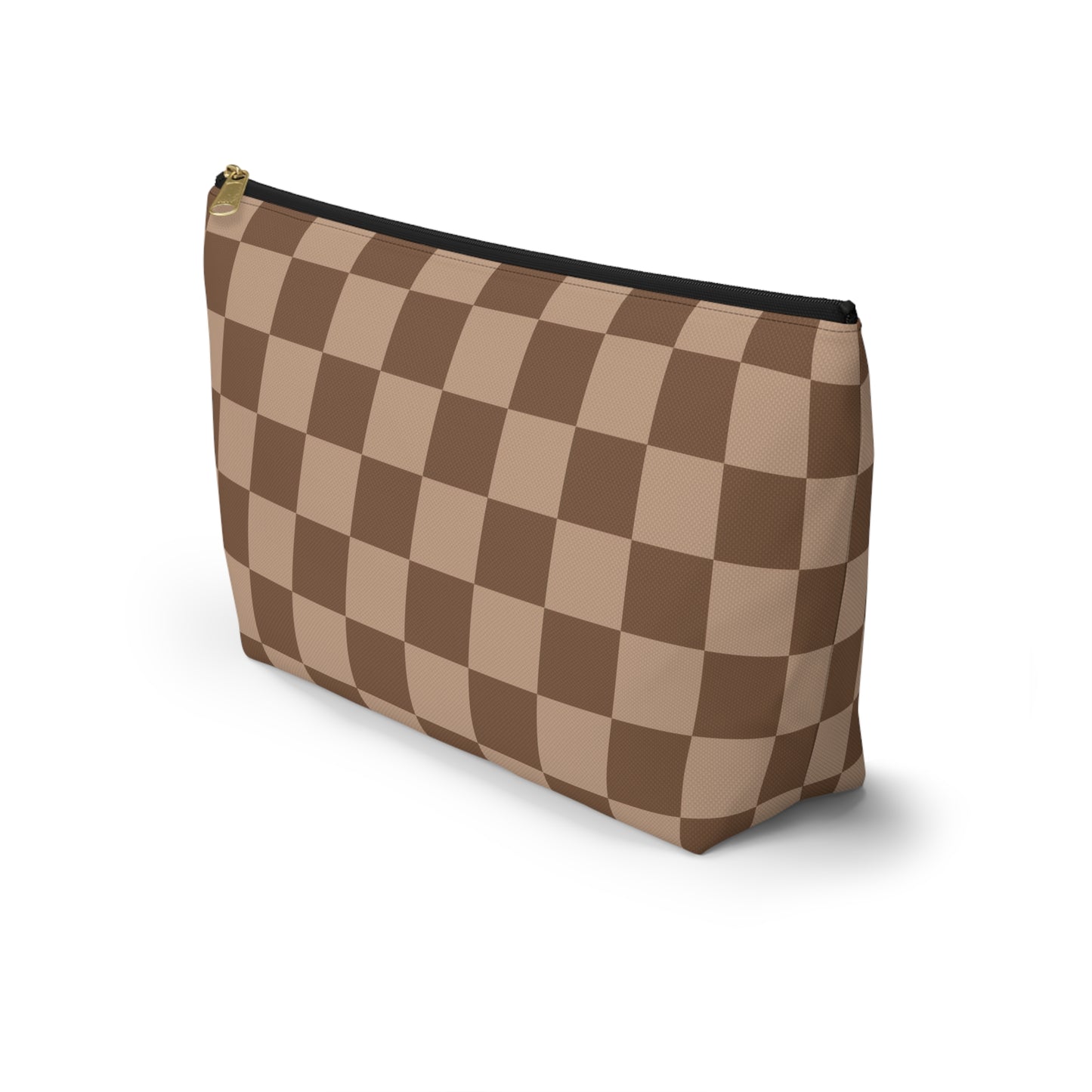 Brown Checkered Accessory Pouch with T-Bottom | Cosmetic Pouch | Pencil Pouch | Makeup Bag