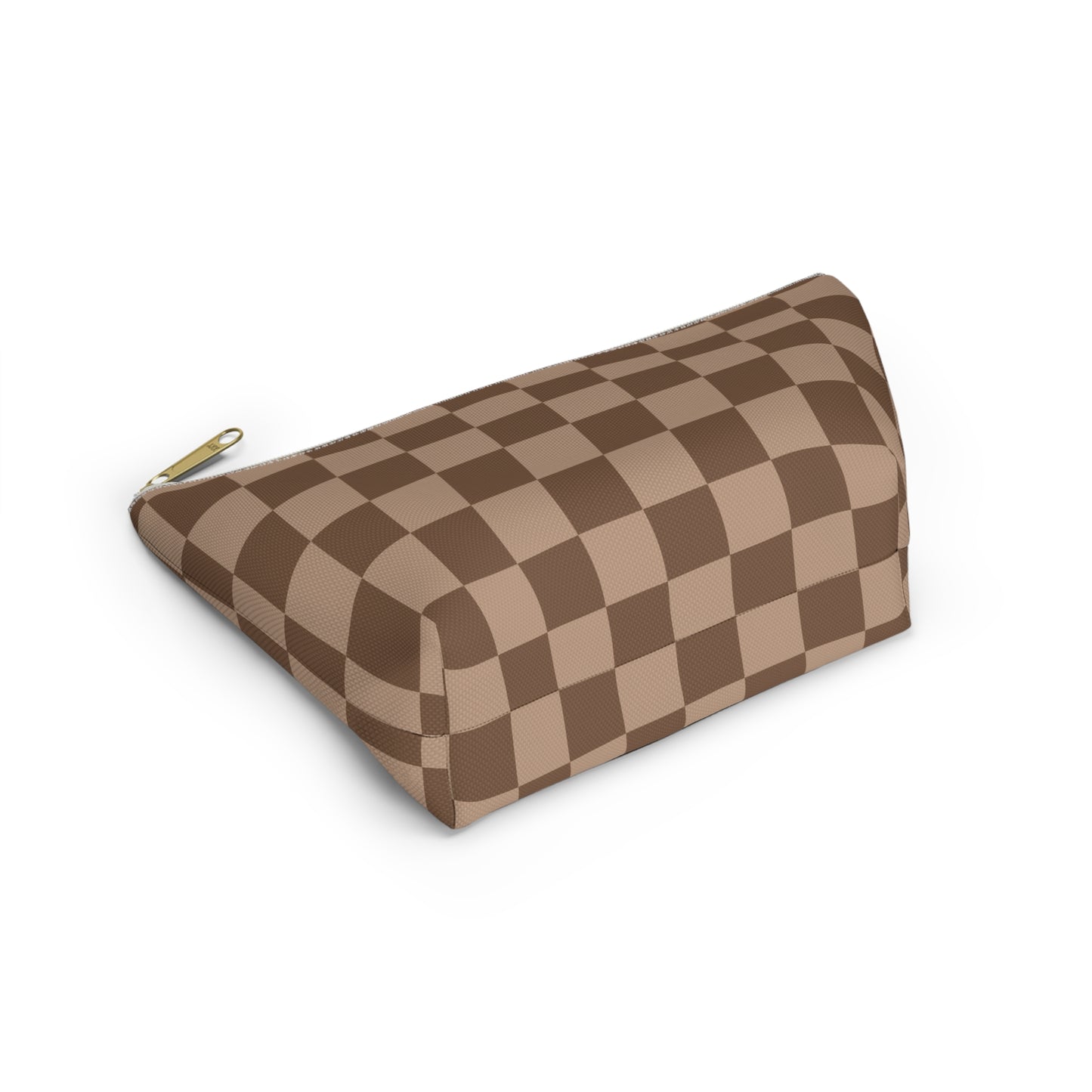 Brown Checkered Accessory Pouch with T-Bottom | Cosmetic Pouch | Pencil Pouch | Makeup Bag