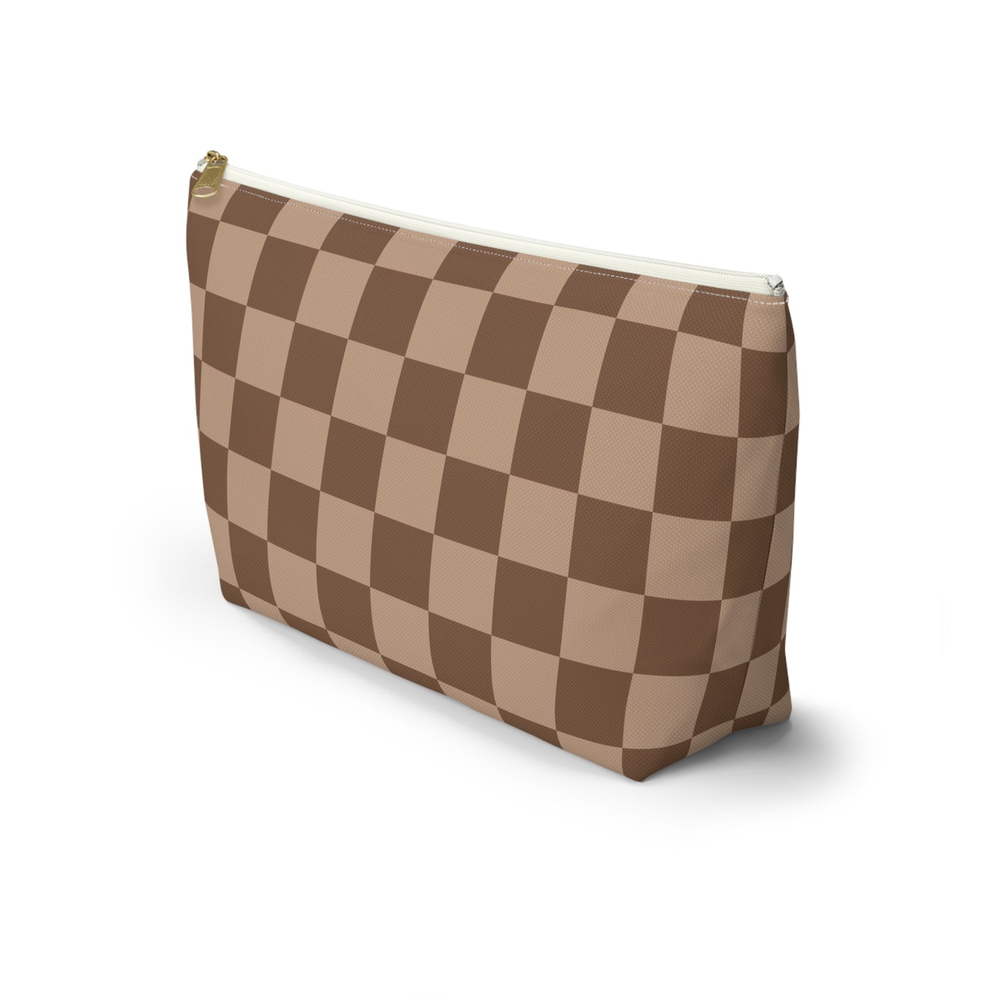 Brown Checkered Accessory Pouch with T-Bottom | Cosmetic Pouch | Pencil Pouch | Makeup Bag