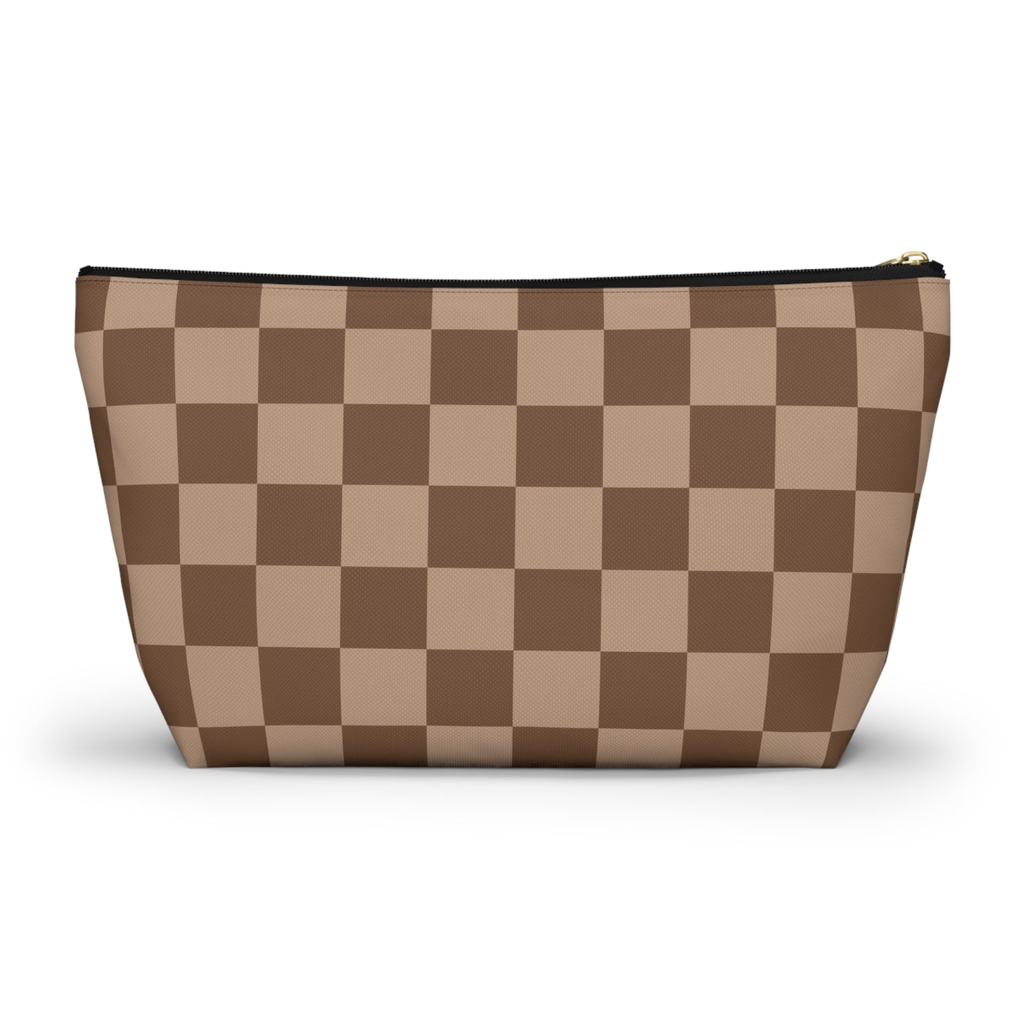 Brown Checkered Accessory Pouch with T-Bottom | Cosmetic Pouch | Pencil Pouch | Makeup Bag