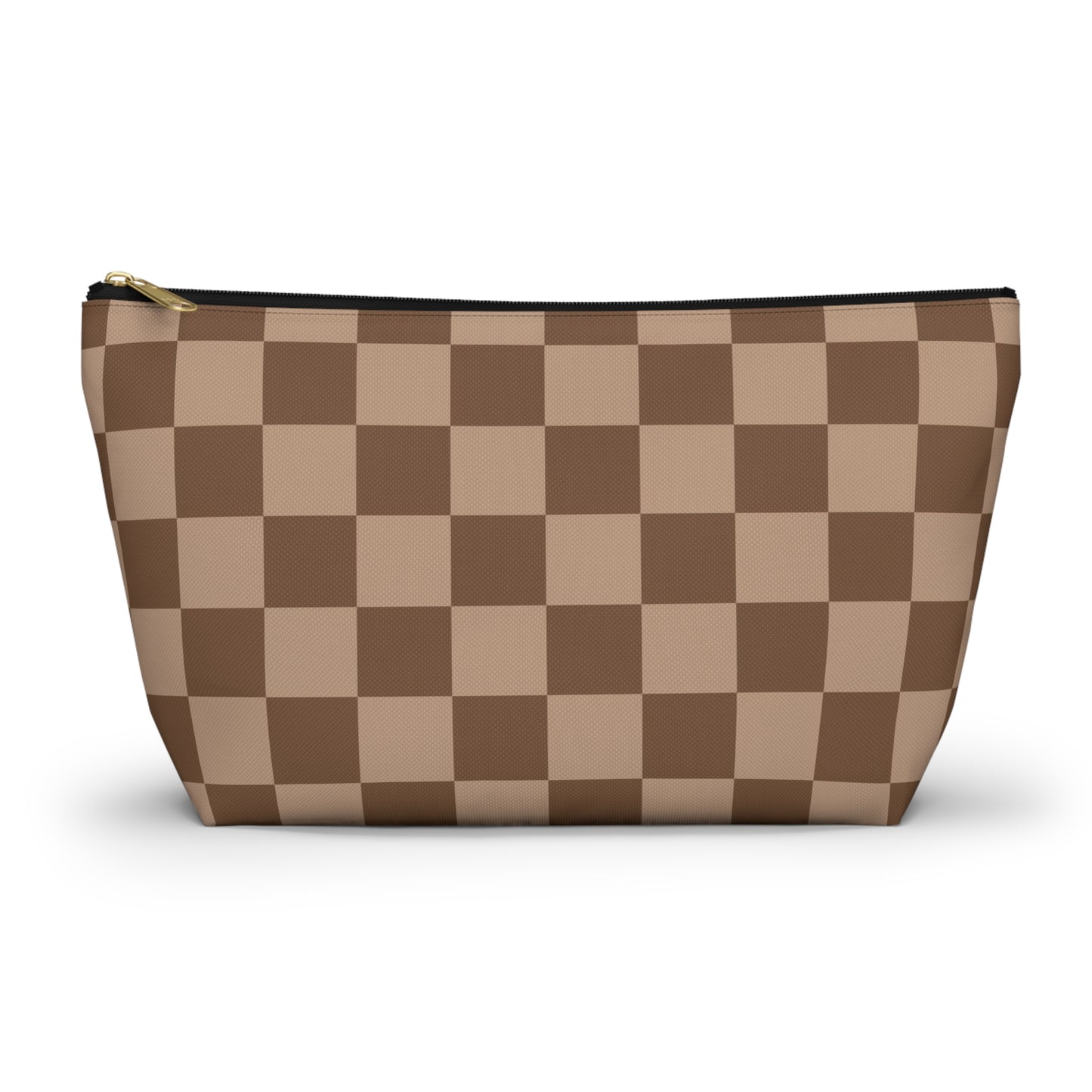 Brown Checkered Accessory Pouch with T-Bottom | Cosmetic Pouch | Pencil Pouch | Makeup Bag