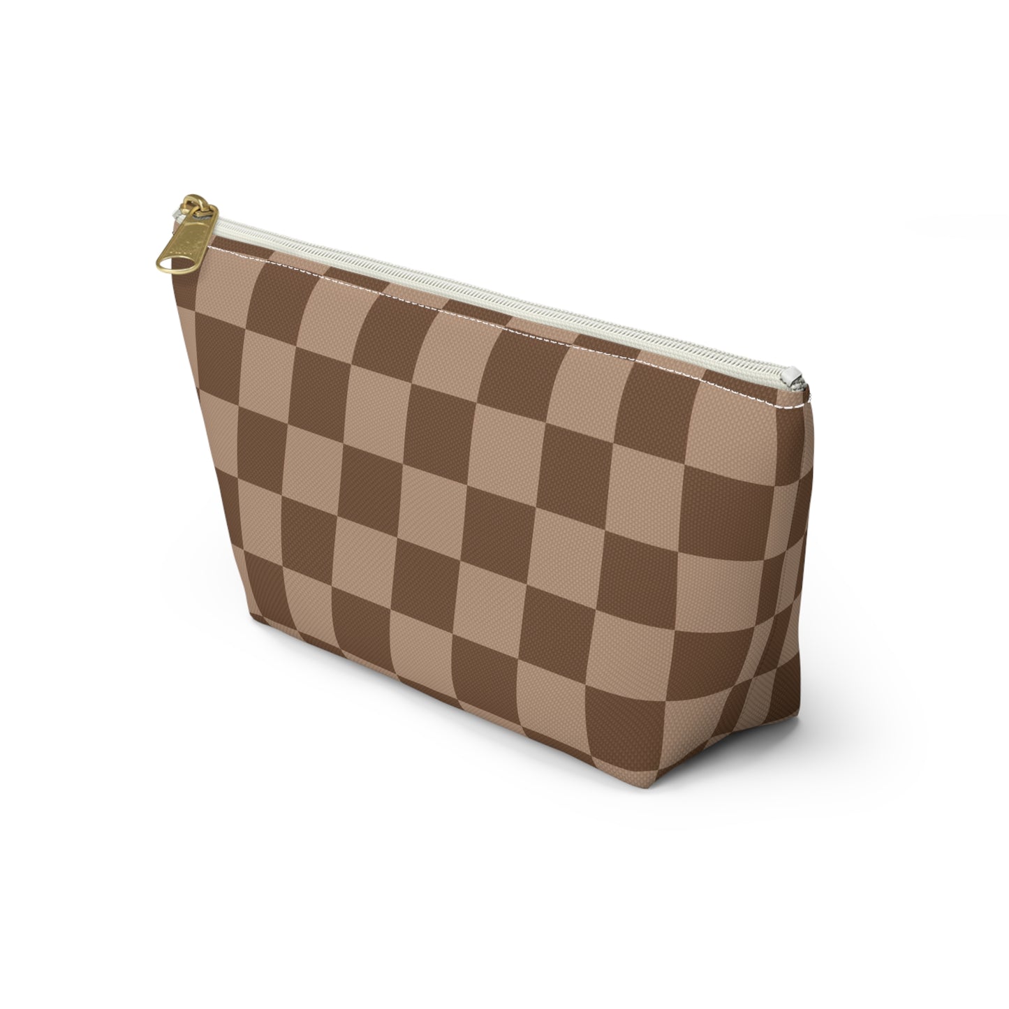 Brown Checkered Accessory Pouch with T-Bottom | Cosmetic Pouch | Pencil Pouch | Makeup Bag