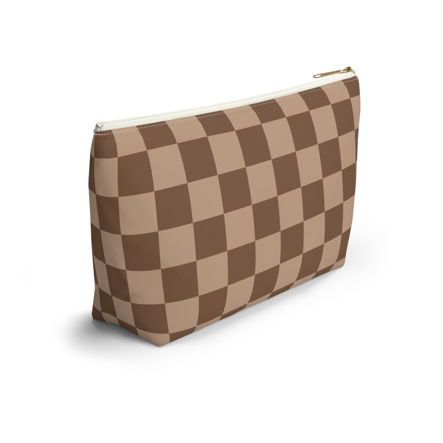 Brown Checkered Accessory Pouch with T-Bottom | Cosmetic Pouch | Pencil Pouch | Makeup Bag