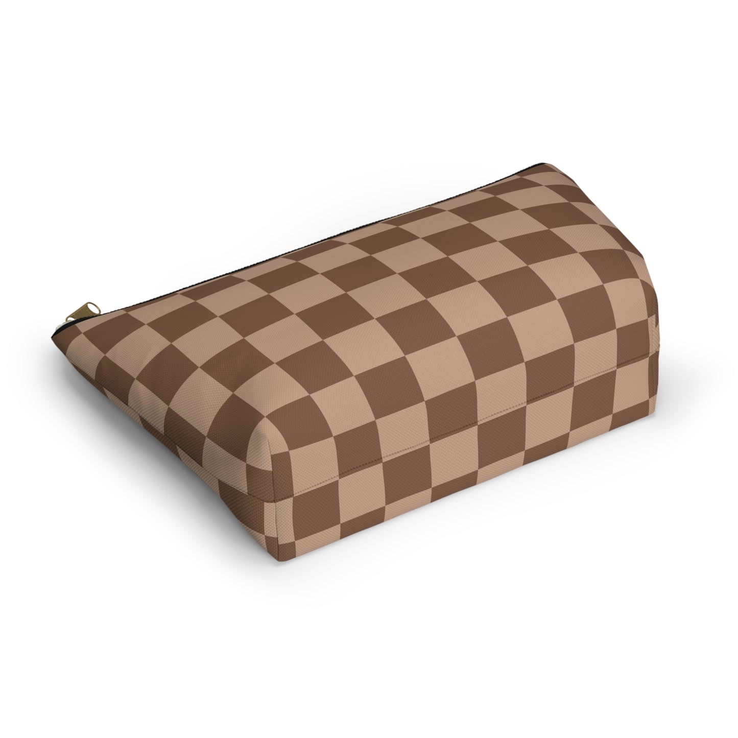 Brown Checkered Accessory Pouch with T-Bottom | Cosmetic Pouch | Pencil Pouch | Makeup Bag