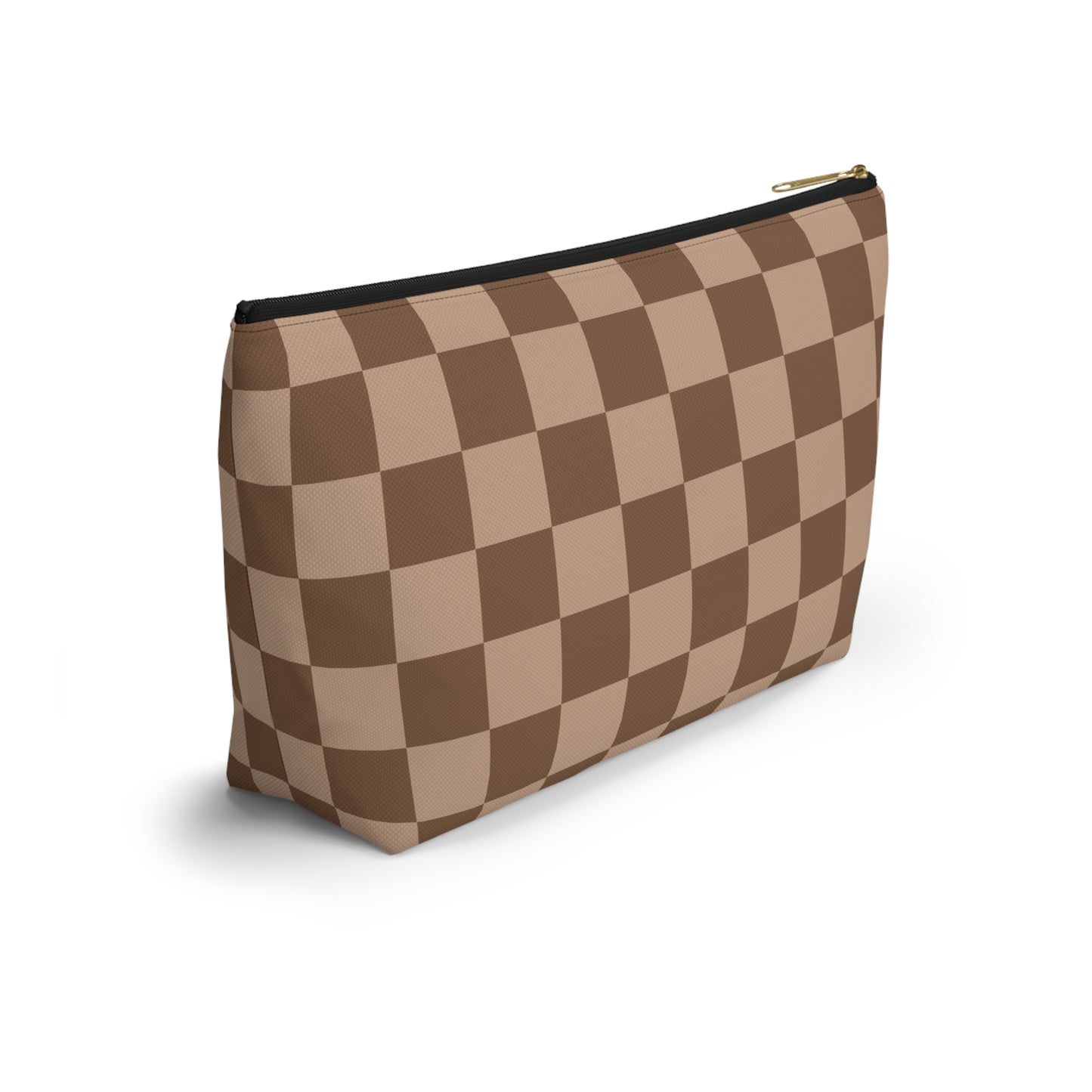 Brown Checkered Accessory Pouch with T-Bottom | Cosmetic Pouch | Pencil Pouch | Makeup Bag