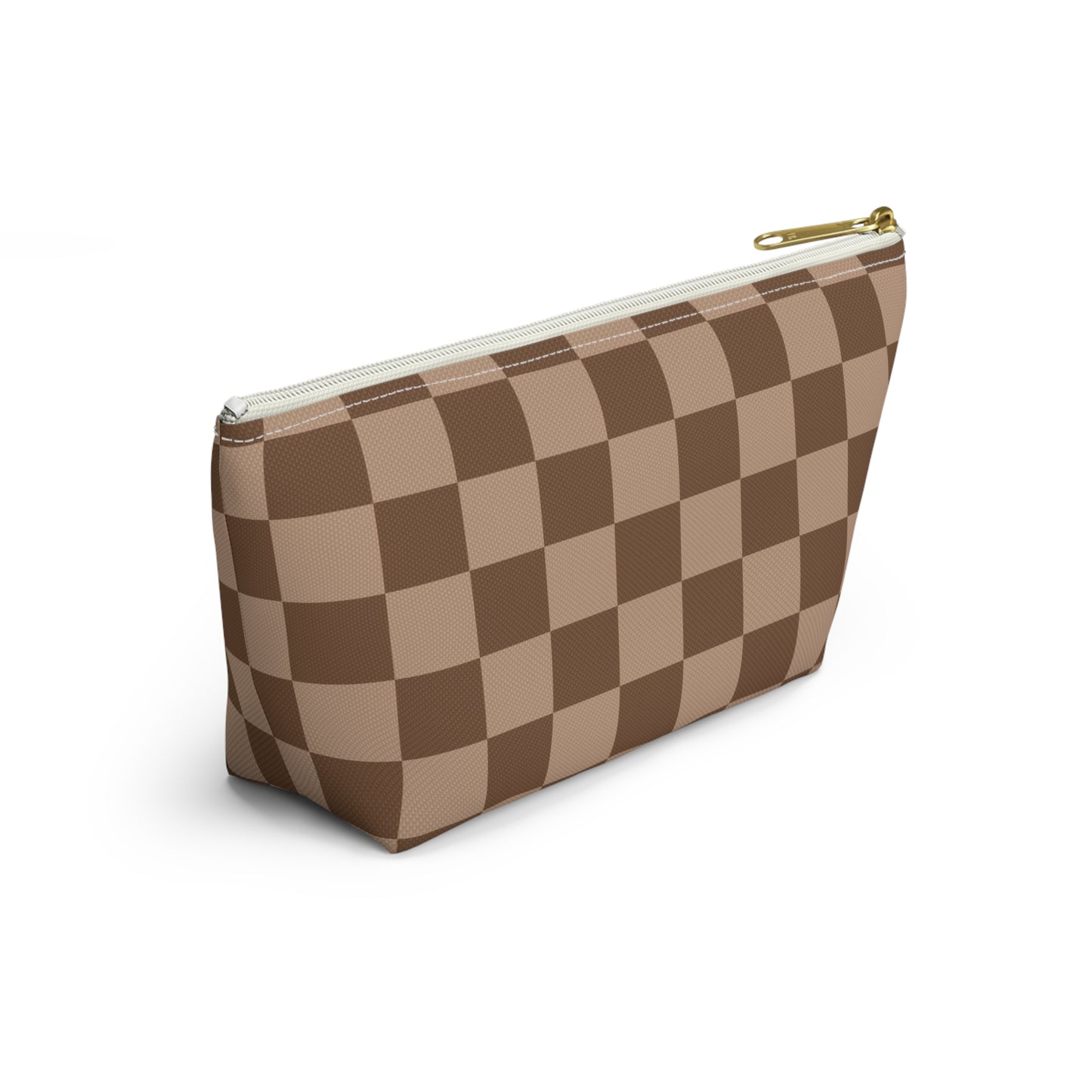 Brown Checkered Accessory Pouch with T-Bottom | Cosmetic Pouch | Pencil Pouch | Makeup Bag