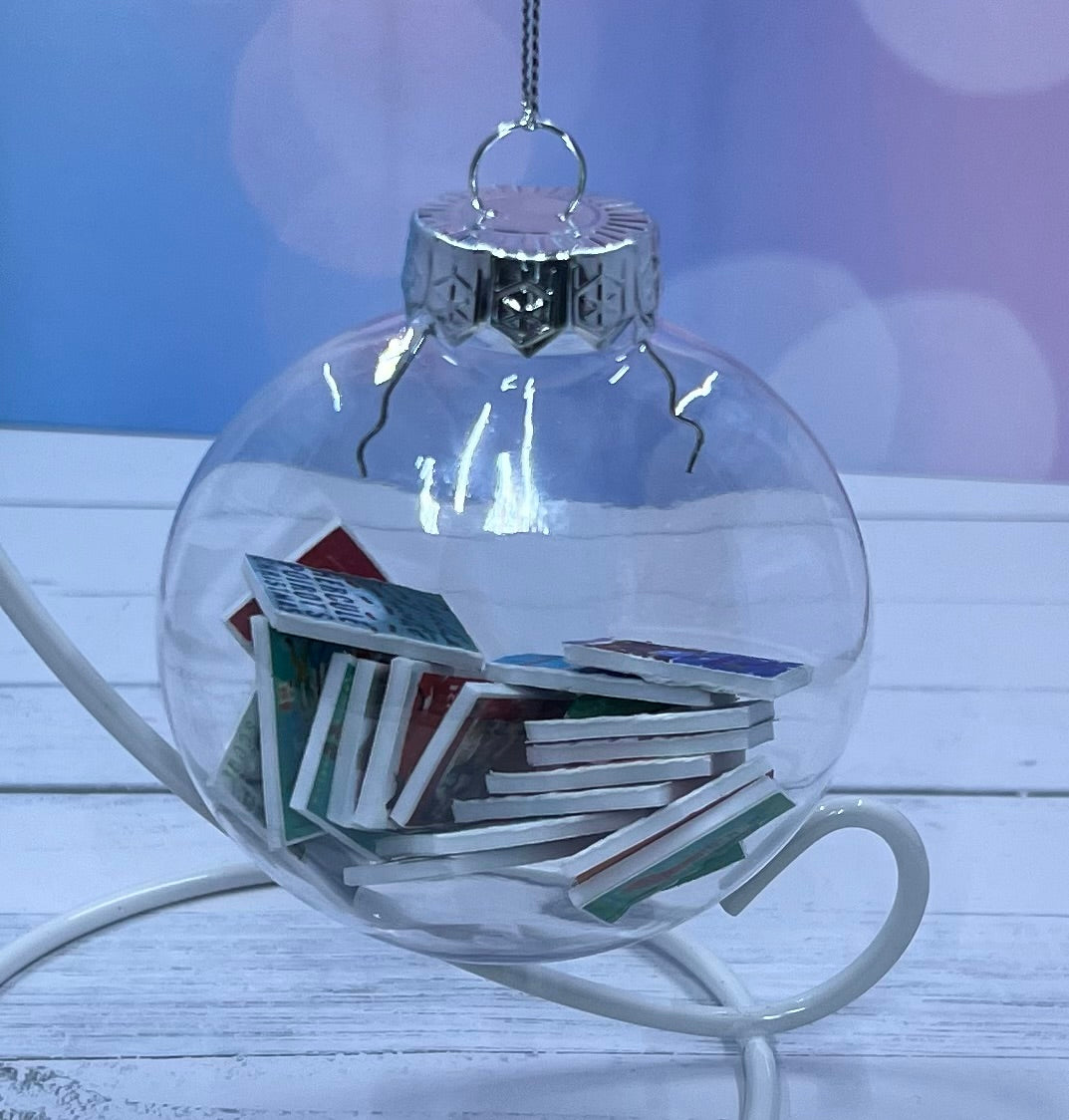 Miniature Books Holiday Ornament | 20 Christmas-Themed Titles | 3.15" Transparent Flat Ornament with Bookish Gift Box