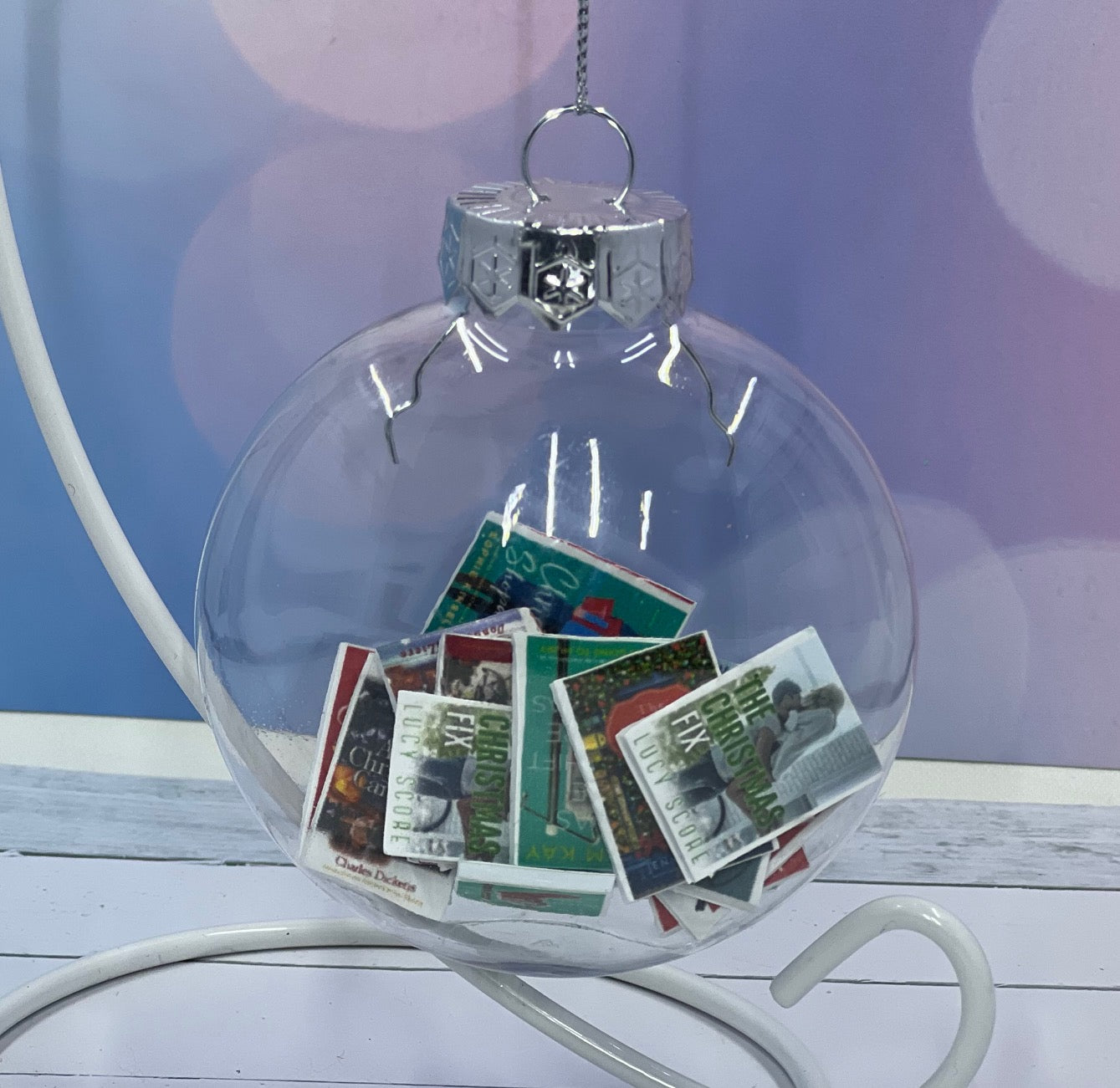 Miniature Books Holiday Ornament | 20 Christmas-Themed Titles | 3.15" Transparent Flat Ornament with Bookish Gift Box