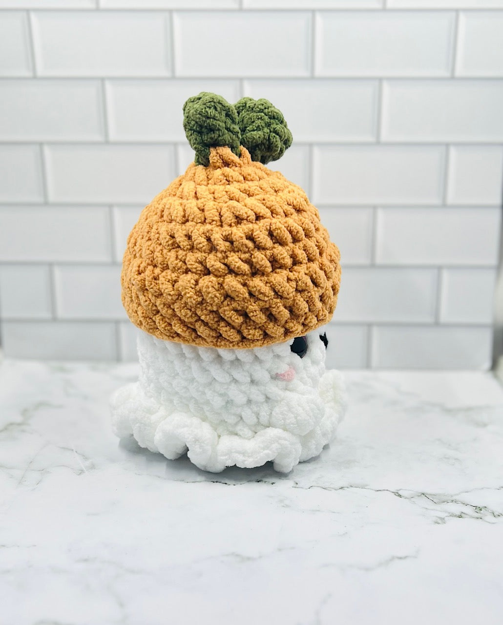 Crochet Ghost Plushie with Pumpkin Hat | Glitter Eyes, Rosy Cheeks & Sweet Smile | 7" Fall Halloween Decor