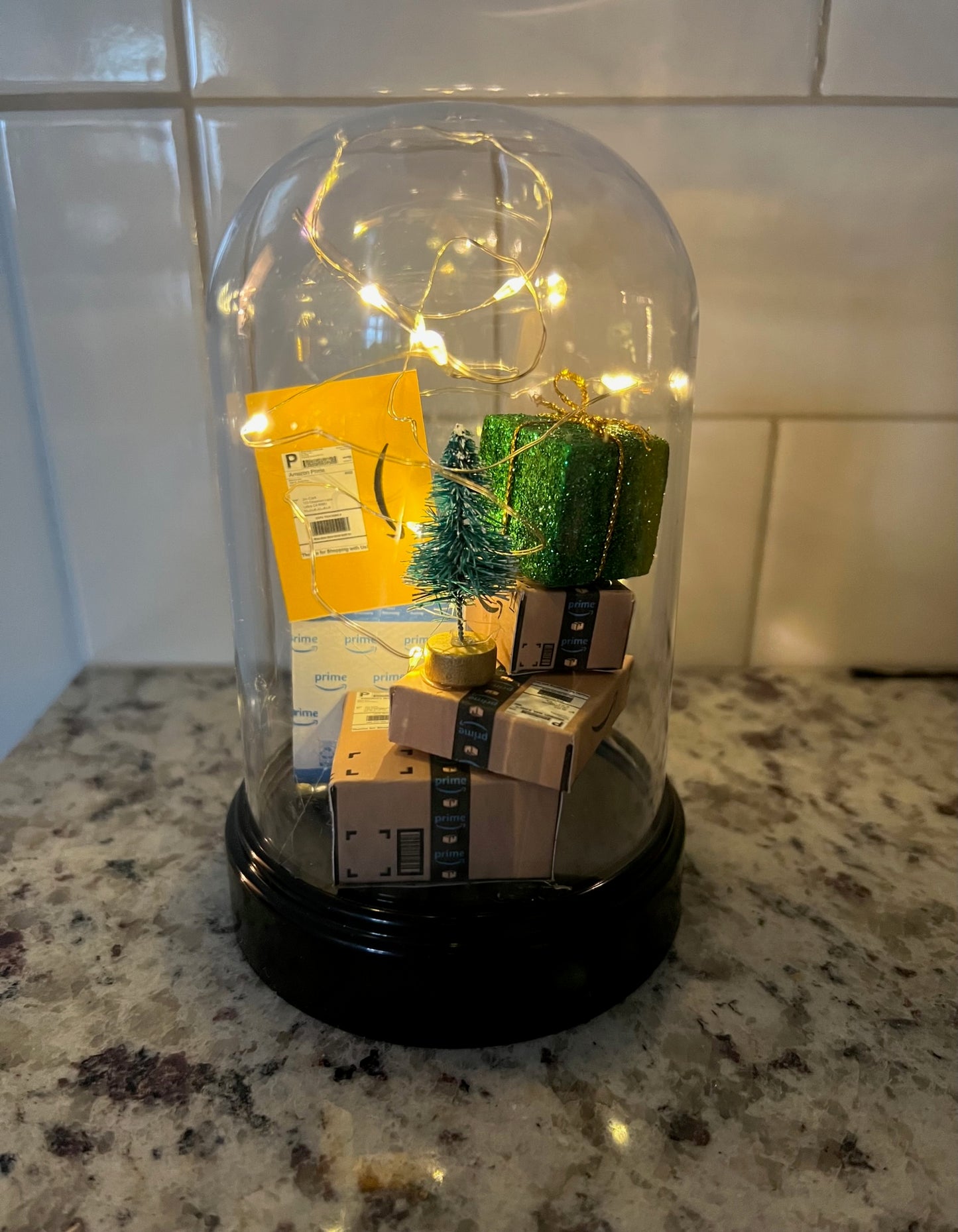Amazon Mini Packages Ornament Cloche with Fairy Lights