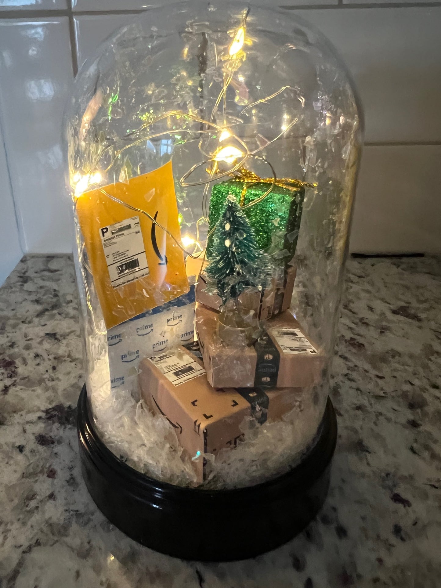 Amazon Mini Packages Ornament Cloche with Fairy Lights