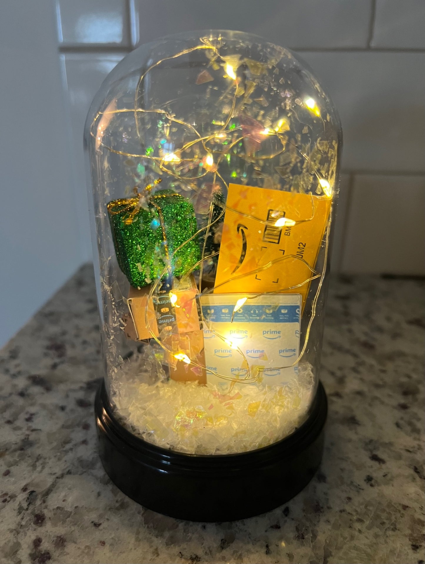 Amazon Mini Packages Ornament Cloche with Fairy Lights