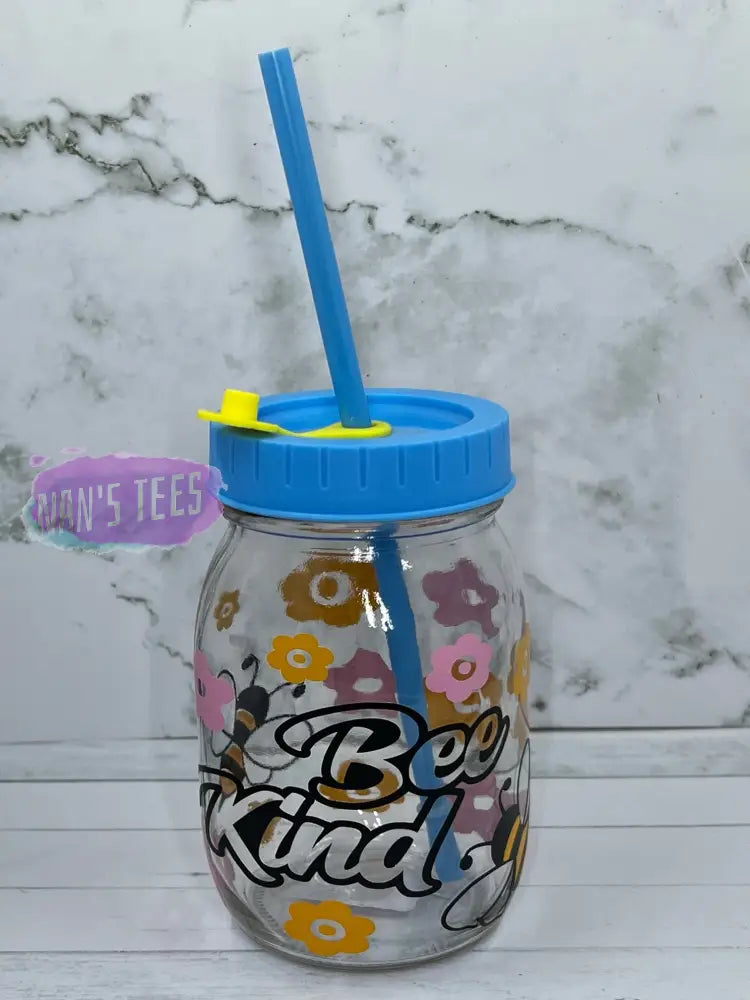 Bee Kind 16 Oz Glass Jars With Color Lid And Straw Blue Mason Jar