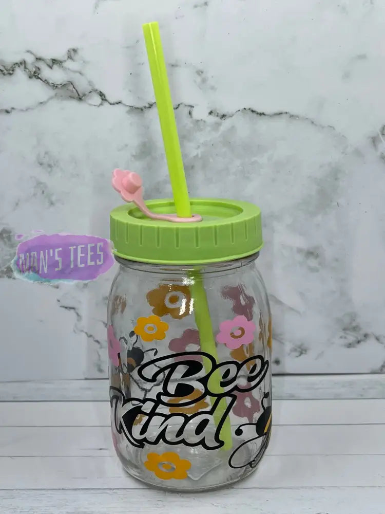 Bee Kind 16 Oz Glass Jars With Color Lid And Straw Green Mason Jar
