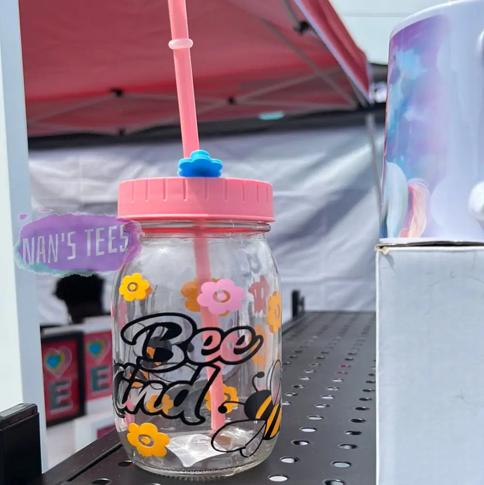 Bee Kind 16 Oz Glass Jars With Color Lid And Straw Mason Jar
