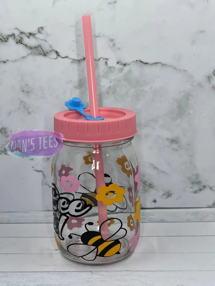 Bee Kind 16 Oz Glass Jars With Color Lid And Straw Mason Jar
