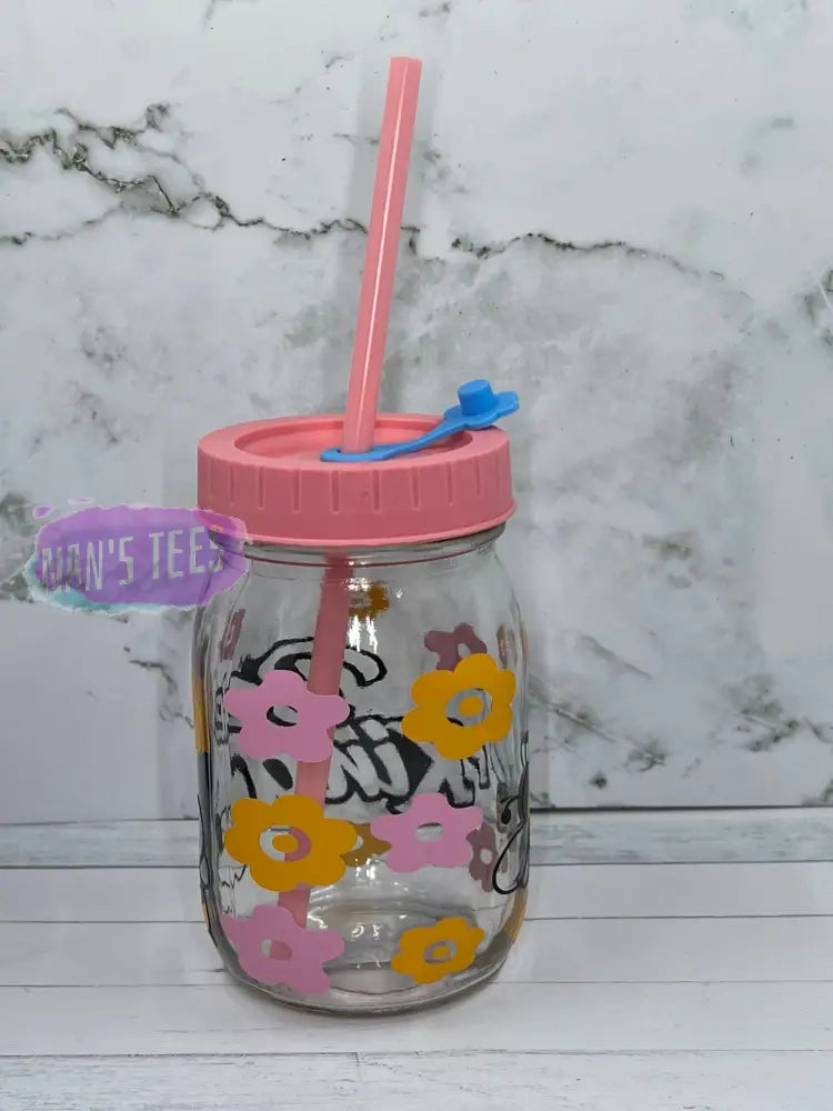 Bee Kind 16 Oz Glass Jars With Color Lid And Straw Mason Jar