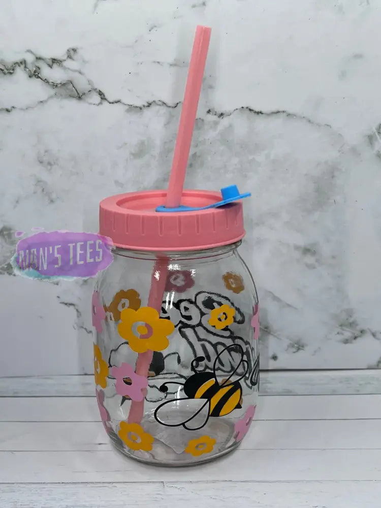 Bee Kind 16 Oz Glass Jars With Color Lid And Straw Mason Jar