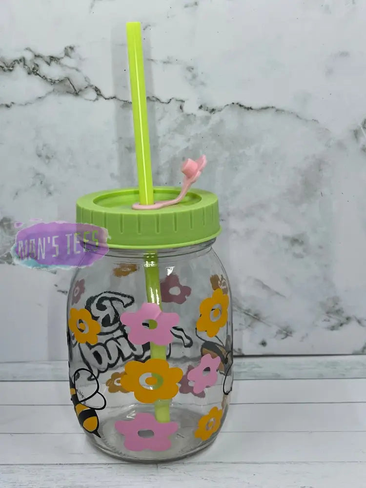 Bee Kind 16 Oz Glass Jars With Color Lid And Straw Mason Jar