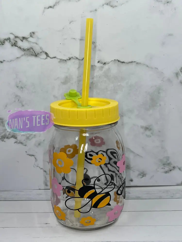 Bee Kind 16 Oz Glass Jars With Color Lid And Straw Mason Jar