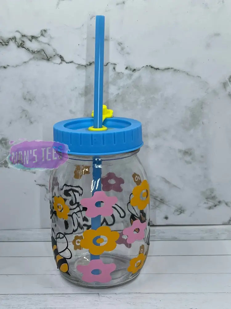 Bee Kind 16 Oz Glass Jars With Color Lid And Straw Mason Jar