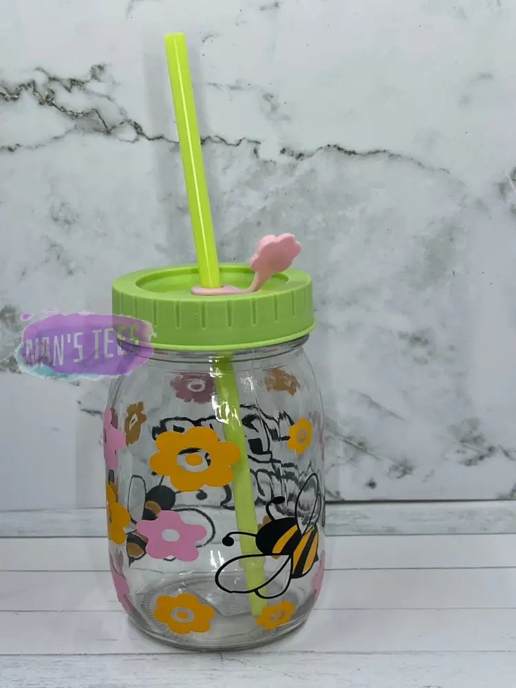 Bee Kind 16 Oz Glass Jars With Color Lid And Straw Mason Jar
