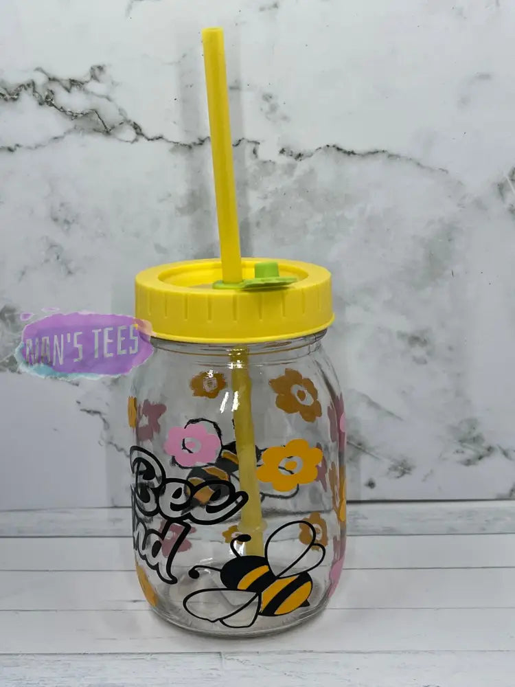Bee Kind 16 Oz Glass Jars With Color Lid And Straw Mason Jar