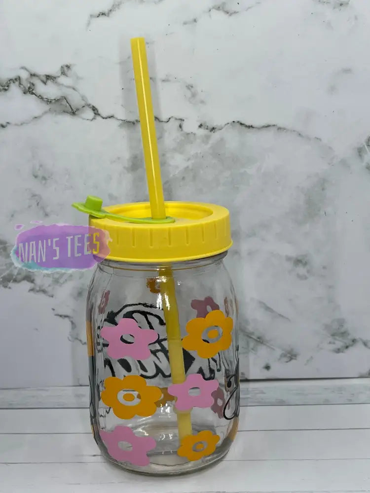 Bee Kind 16 Oz Glass Jars With Color Lid And Straw Mason Jar