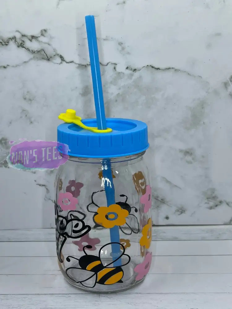 Bee Kind 16 Oz Glass Jars With Color Lid And Straw Mason Jar