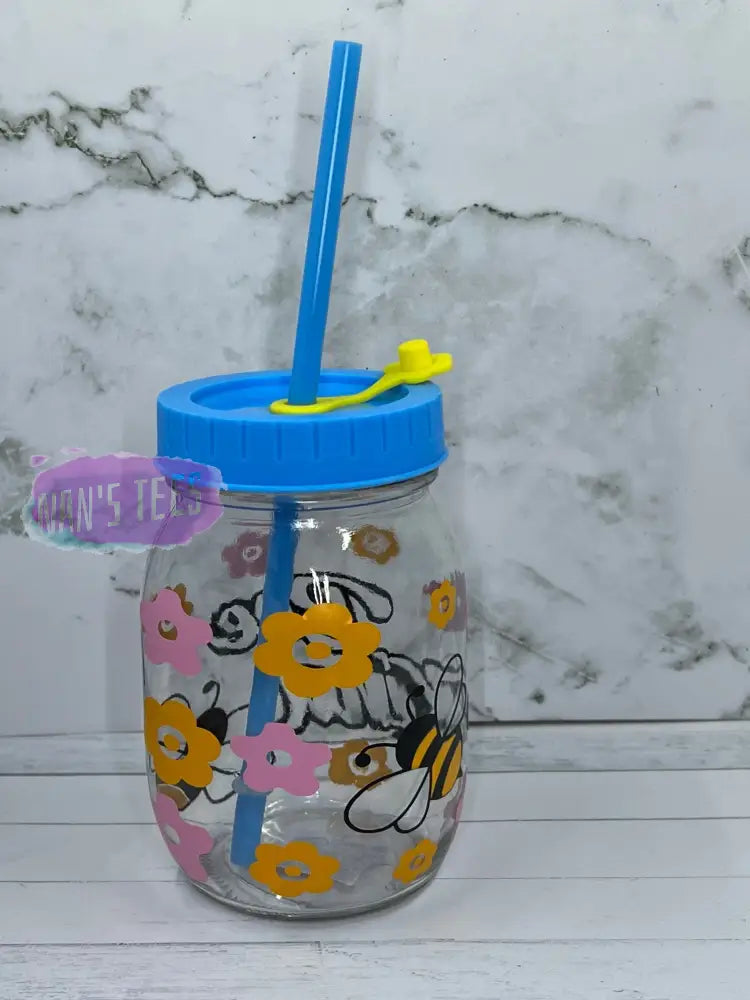 Bee Kind 16 Oz Glass Jars With Color Lid And Straw Mason Jar