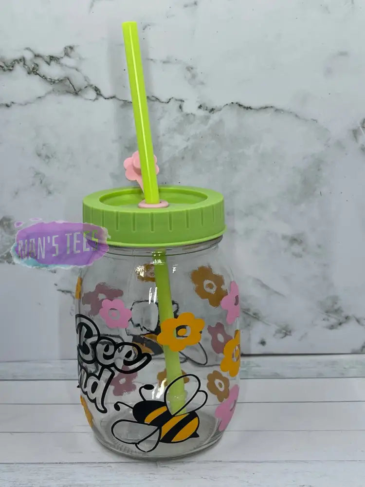 Bee Kind 16 Oz Glass Jars With Color Lid And Straw Mason Jar