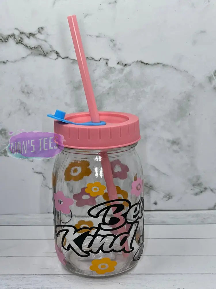 Bee Kind 16 Oz Glass Jars With Color Lid And Straw Pink Mason Jar