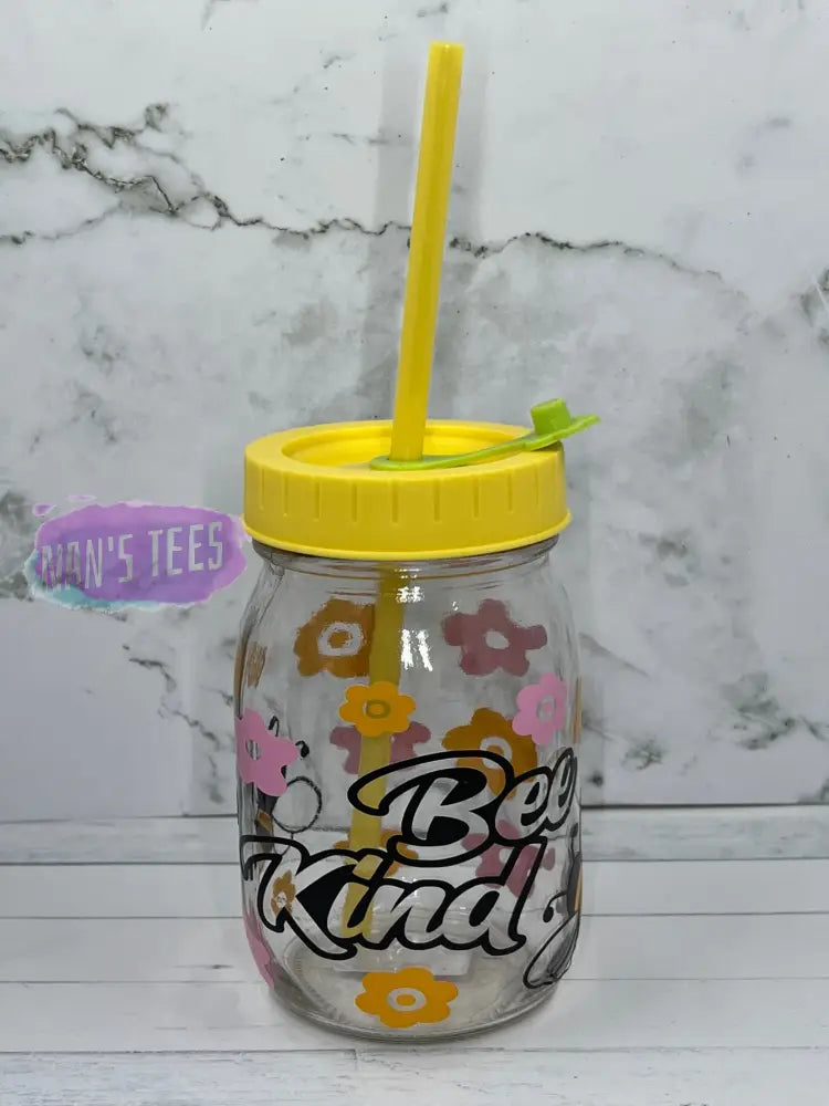 Bee Kind 16 Oz Glass Jars With Color Lid And Straw Yellow Mason Jar