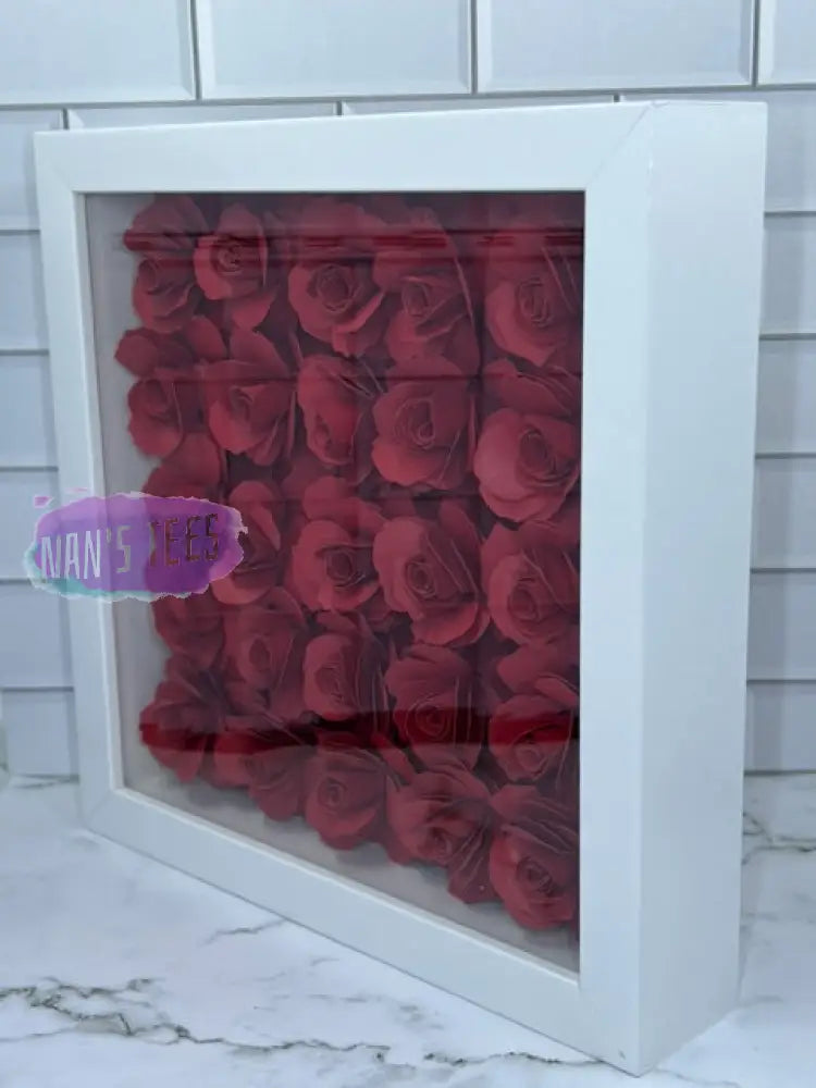 Hand Rolled 8 X Red Paper Flower 3D Shadow Box Home Decor