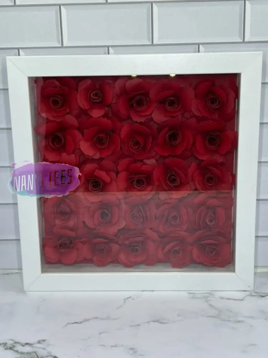 Hand Rolled 8 X Red Paper Flower 3D Shadow Box White Home Decor