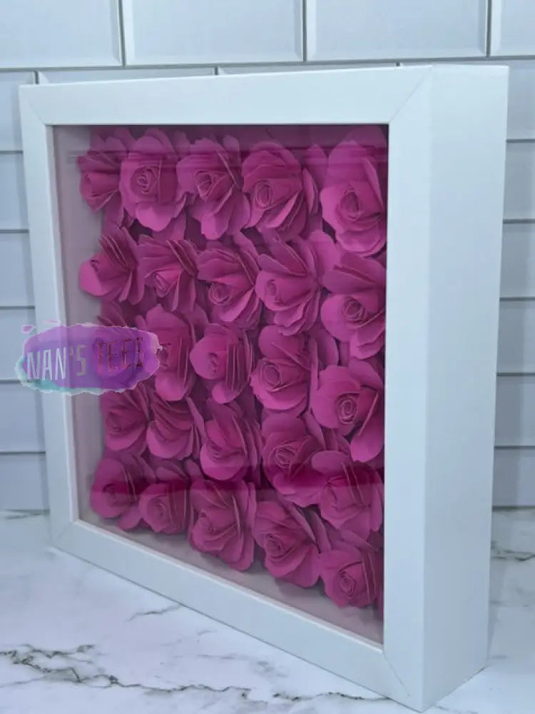 Hand Rolled Fuchsia Paper Flowers Set In 8 X 3D Shadow Box Frame Home Decor