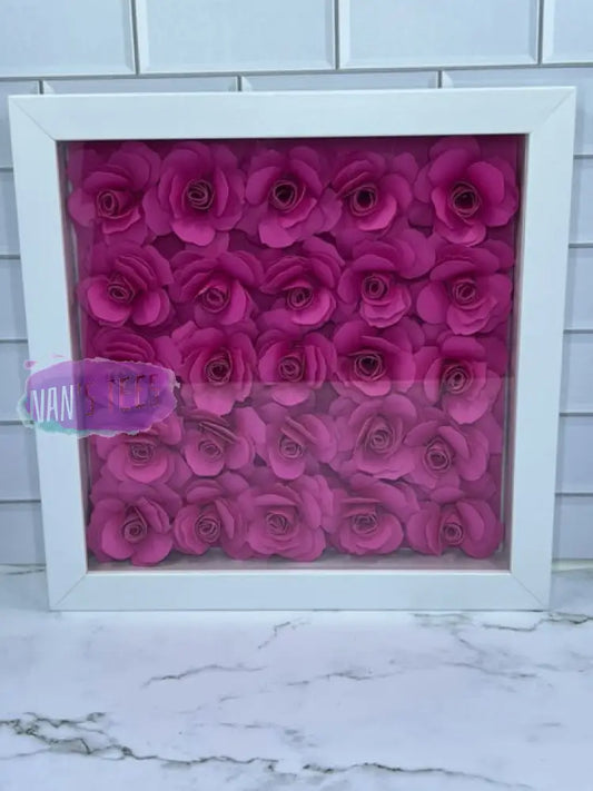 Hand Rolled Fuchsia Paper Flowers Set In 8 X 3D Shadow Box Frame White Home Decor