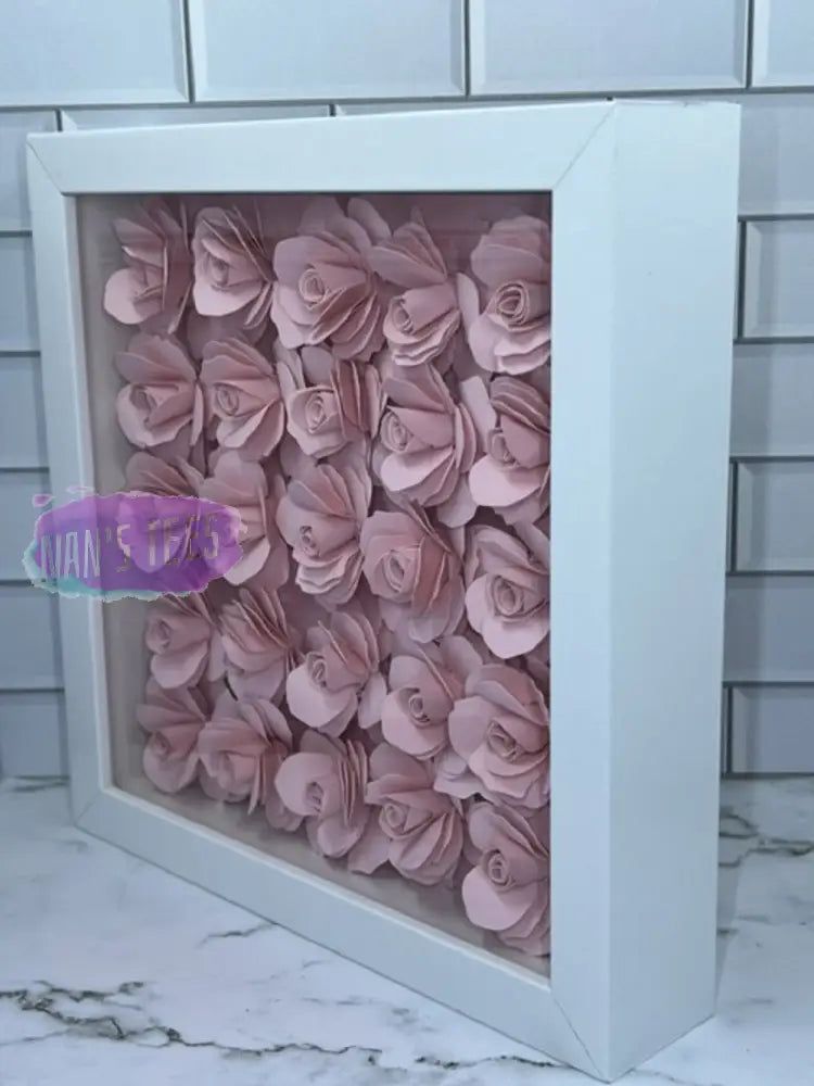 Hand Rolled Pink Paper Flowers Set In 8 X 3D Shadow Box Frame Home Decor
