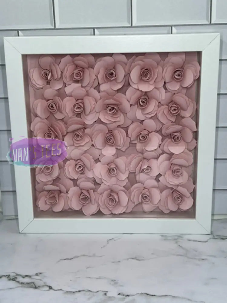 Hand Rolled Pink Paper Flowers Set In 8 X 3D Shadow Box Frame White Home Decor