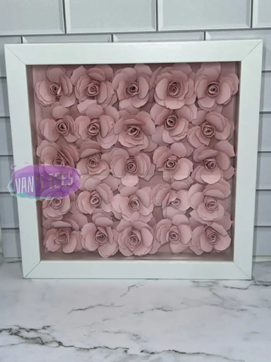 Hand Rolled Pink Paper Flowers Set In 8 X 3D Shadow Box Frame White Home Decor