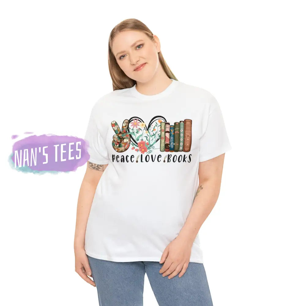 Peace Love Books Short Sleeve Unisex Heavy Cotton Graphic Tee T-Shirt
