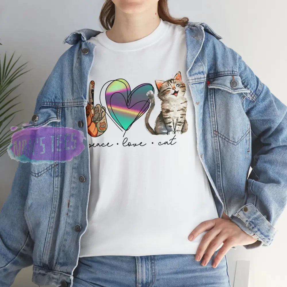 Peace Love Cat Short Sleeve Unisex Heavy Cotton Graphic Tee T-Shirt
