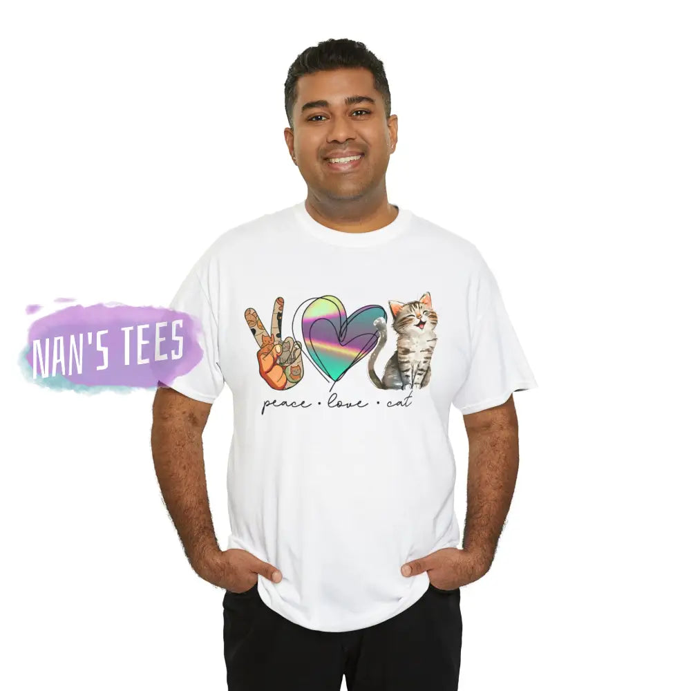 Peace Love Cat Short Sleeve Unisex Heavy Cotton Graphic Tee T-Shirt