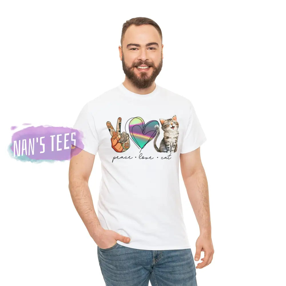 Peace Love Cat Short Sleeve Unisex Heavy Cotton Graphic Tee T-Shirt
