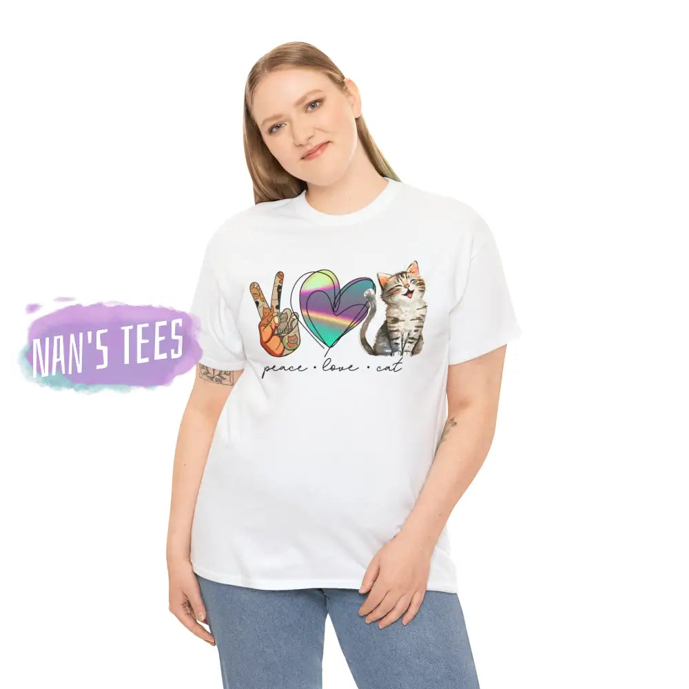 Peace Love Cat Short Sleeve Unisex Heavy Cotton Graphic Tee T-Shirt
